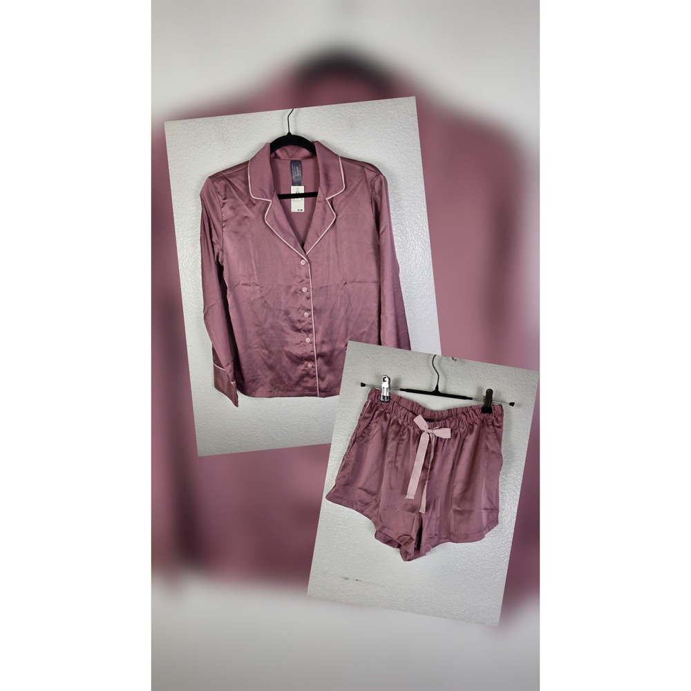 Auden Luxury Collection Satin Pajama Set Womens XS Pink Long Sleeve Top Shorts